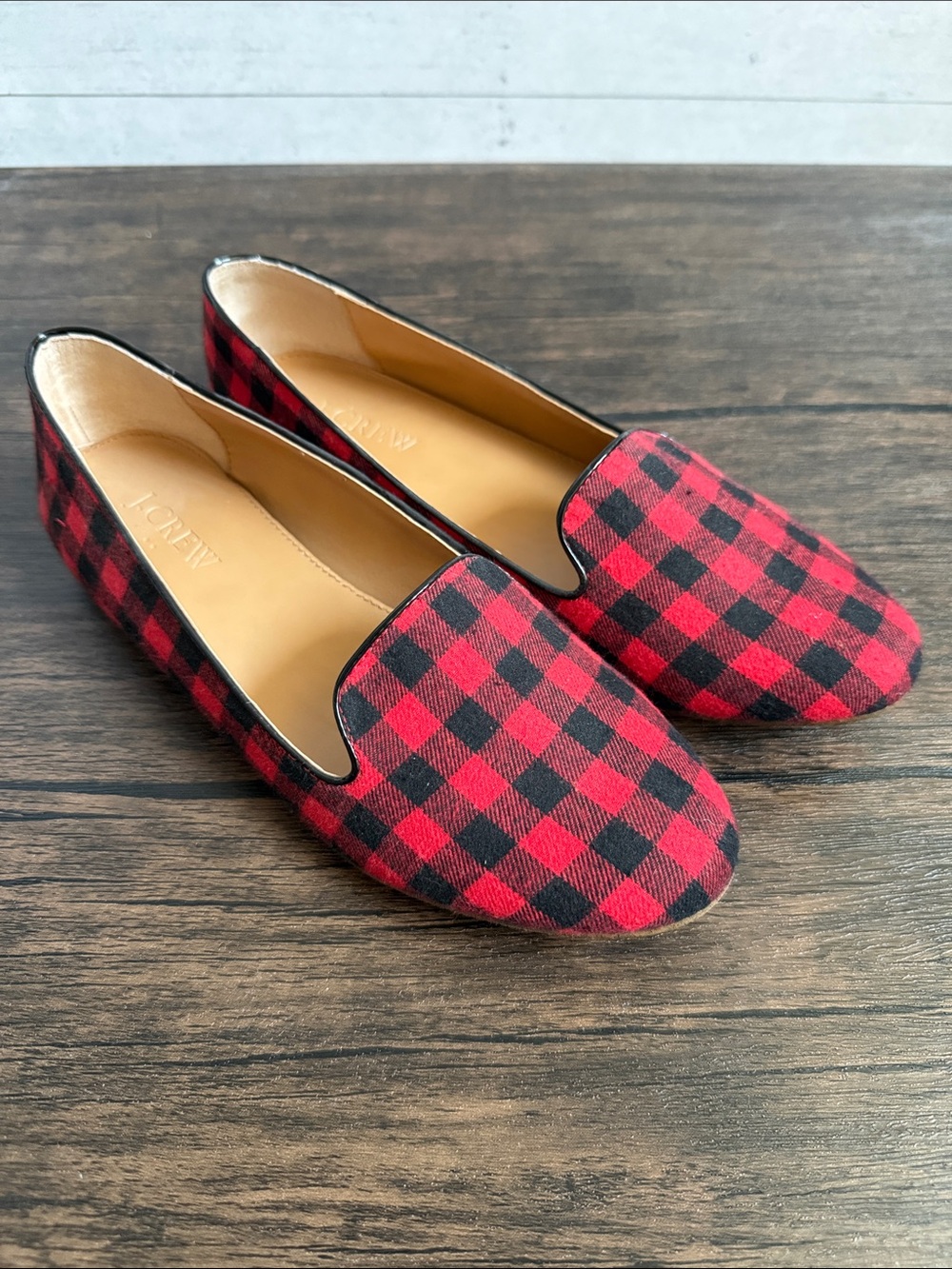 J. Crew Factory Red and Black Plaid Slip-On Loafers. NWOT